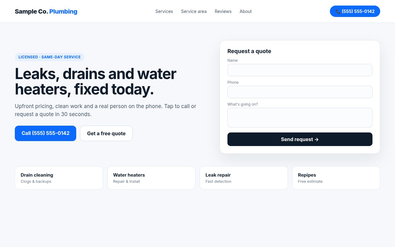 After: a clean, mobile-first website for the fictional Sample Co. Plumbing